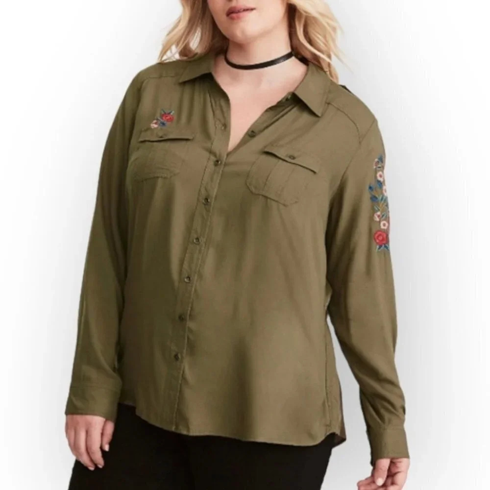 Torrid Green Embroidered  Twill Button Shirt